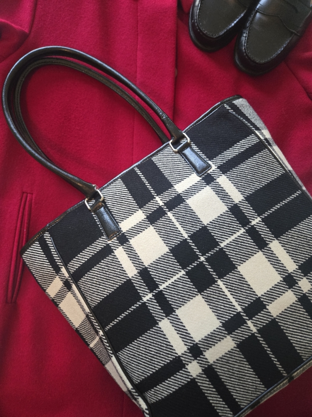 Banana Republic Black & White Plaid Tote Bag Wool Blend Laptop Bag Work Tote